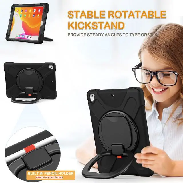 Alt view image 3 of 5 - BRAECN Kids Case for 9.7" iPad 6th/5th Generation/iPad Pro 9.7 Inch/iPad Air 2, Shockproof Silicone Case with Rotatable Grip, Shoulder Strap, Pencil Holder, Stable Kickstand for iPad 9.7 Inch-Black