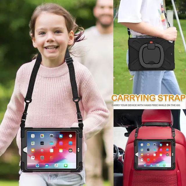 Alt view image 5 of 5 - BRAECN Kids Case for 9.7" iPad 6th/5th Generation/iPad Pro 9.7 Inch/iPad Air 2, Shockproof Silicone Case with Rotatable Grip, Shoulder Strap, Pencil Holder, Stable Kickstand for iPad 9.7 Inch-Black
