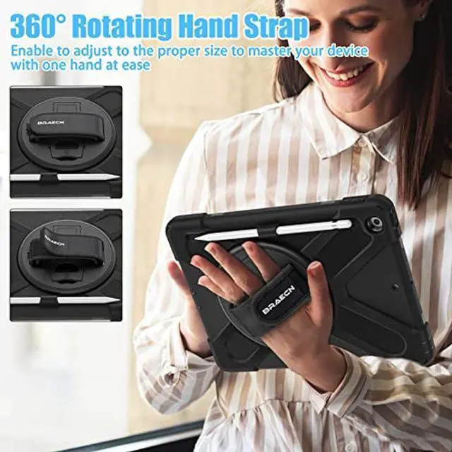 Alt view image 4 of 5 - BRAECNstock for Apple iPad 6th/ 5th Generation/Air 2/ Pro 9.7 inch Case Shockproof Protective iPad 9.7 Kids Case with Pencil Holder, 360deg Rotating Stand+Hand Strap, Shoulder Strap, Black