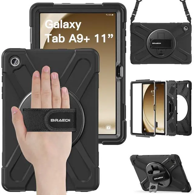 Main image of BRAECN for Samsung Galaxy Tab A9 Plus Case 11 Inch 2023, Shockproof Hard Duty Case with Screen Protector &360 Rotating Stand&Hand Strap/Shoulder Strap for Galaxy A9 Plus Tablet-Black
