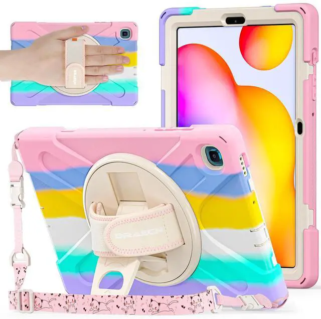 Main image of BRAECNstock Kids Case for Samsung Galaxy Tab S6 Lite 10.4 inch 2024/2022/2020 (SM-P620/P610/P619) with Pen Holder Rotating Hand Strap & Stand Shockproof Protective S6 Lite Tablet Case - Colorful Pink