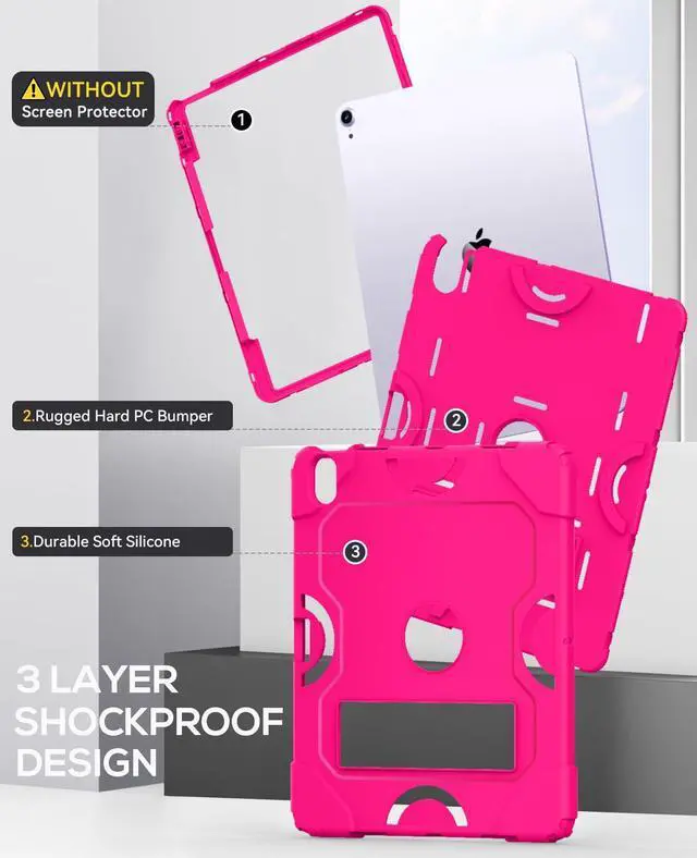 Alt view image 4 of 5 - Cantis Case for iPad Air 13 Inch (M3) 2025/ for iPad Air 13-inch (M2) 2024 with Pencil Holder, Heavy Duty Shockproof Case for i Pad Air 13" Supports Pencil Pro and Pencil (USB-C), Hot Pink