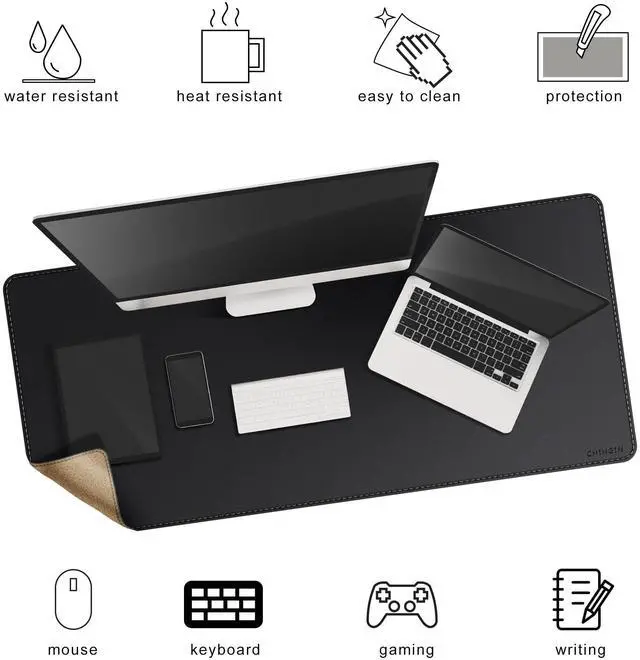Alt view image 3 of 5 - Chihein 47" x 20" 3XL Desk Mat with Cork & PU Leather, Dual Sided Desk Pad, Waterproof Computer Desk Mat for Office, Gaming, Home (Black)