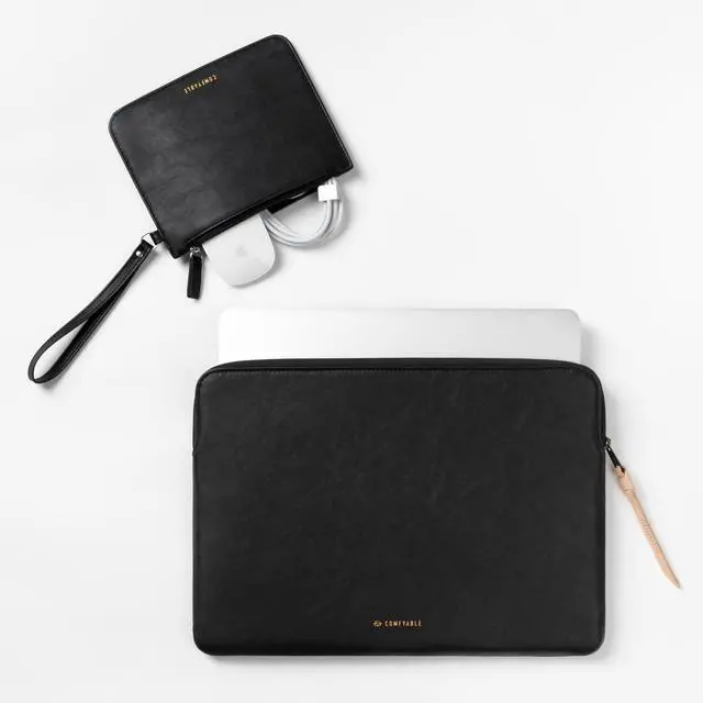 Alt view image 2 of 5 - Comfyable Slim Protective Laptop Sleeve with Accessory Pouch Compatible with 13/13.3/14 Inch MacBook Pro & MacBook Air, Mac Travel Case, Slim PU Leather Laptop Cover M4/M3/M2/M1 2025-2021, Black