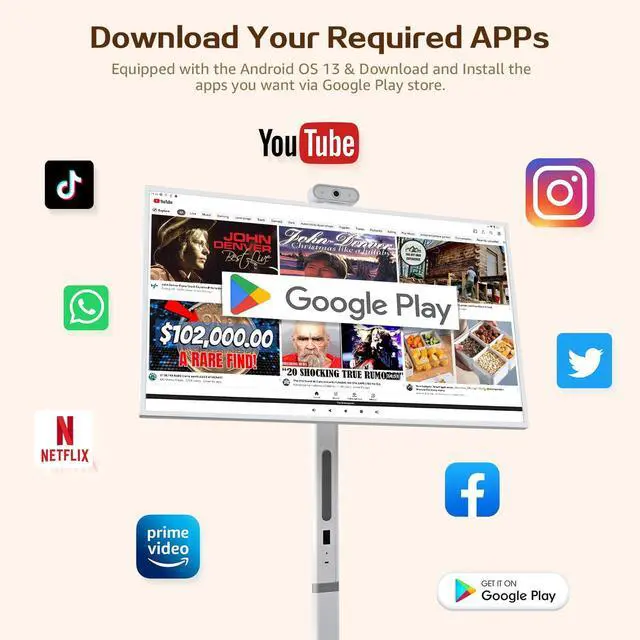Alt view image 2 of 5 - 32" Portable TV 1080P Touch Screen Monitor on Wheels, Android OS 13 Built-in Battery, Detachable Camera and Stand, Full Swivel Rotation Rolling Tablet for Kitchen, Bedroom, Outdoors