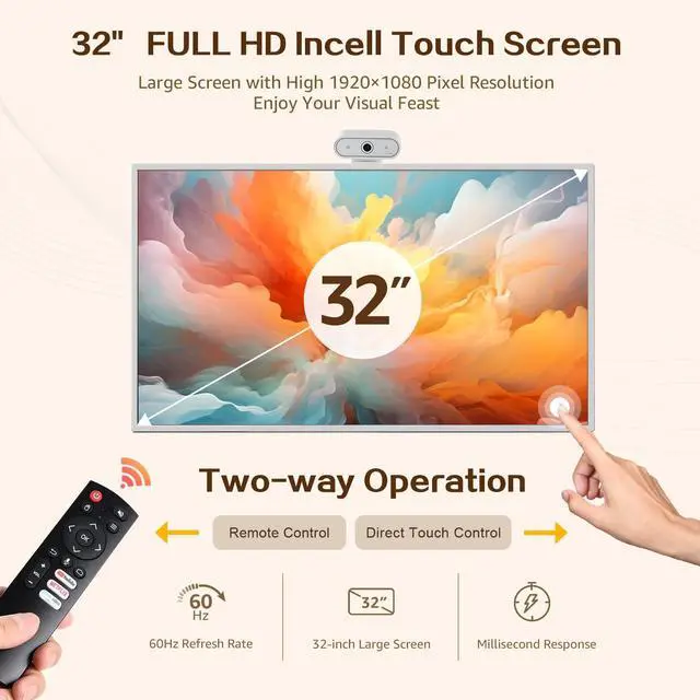 Alt view image 3 of 5 - 32" Portable TV 1080P Touch Screen Monitor on Wheels, Android OS 13 Built-in Battery, Detachable Camera and Stand, Full Swivel Rotation Rolling Tablet for Kitchen, Bedroom, Outdoors