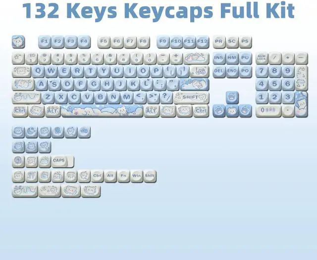 Alt view image 2 of 5 - COOMICKEY PBT Keycaps, MOA Profile Cute Blue White Keycaps, Kawaii Dye Sublimation Keycap, 132 Keys Keycap Set for Cherry Gateron MX Switches Keyboards Custom Keyboard 60 65 75 100 Percent