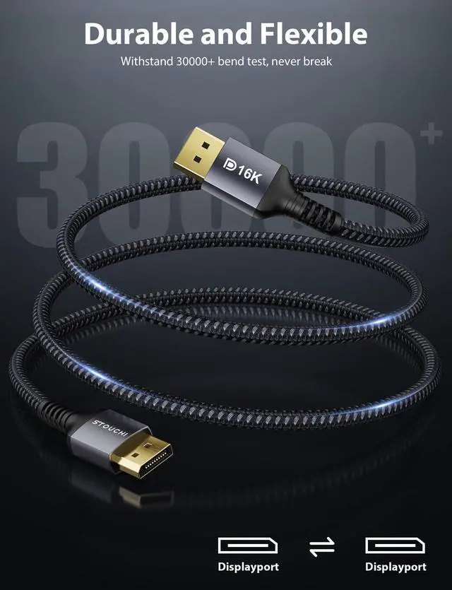 Alt view image 3 of 5 - Stouchi DisplayPort Cable - 16FT/5M, 80Gbps, 16K@60Hz, 4K@144Hz, 5K@60Hz, 1080P@240Hz, FreeSync, G-Sync, HDR10 for Gaming Monitor & Graphics Card