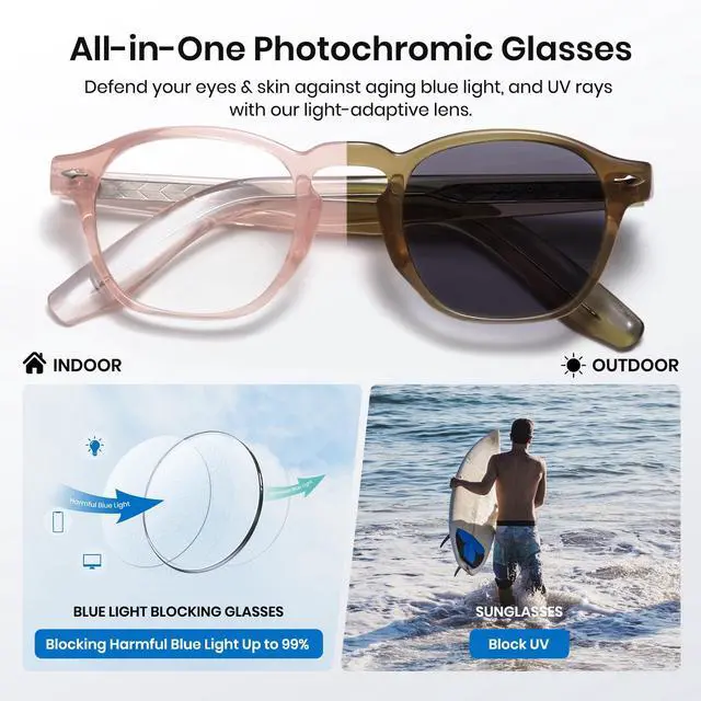 Alt view image 3 of 5 - Cyxus Photochromic Glasses Both Frames and Lenses Color Changing with Blue Light Blocking UV Protection(8230i51 Pink to Green)
