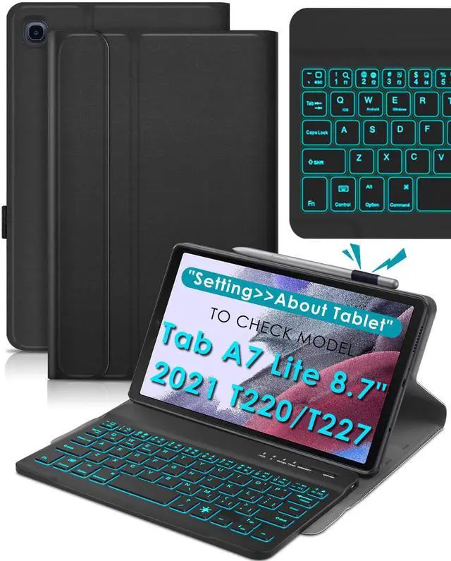 Main image of DETUOSI Backlit Keyboard Case for Samsung Galaxy Tab A7 Lite 8.7" 2021 (SM-T220/T227U) with S Pen Holder, 3 Viewing Angles Folio Leather Book Cover with Magnetic Closure + Wireless Keyboard Detachable
