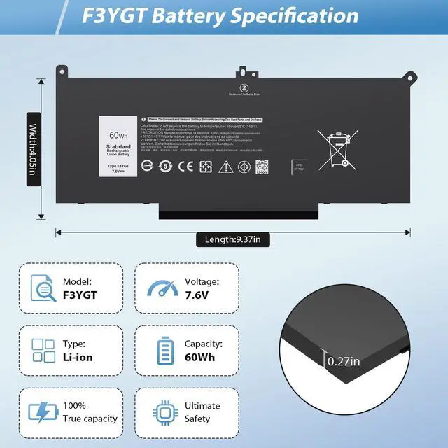 Alt view image 2 of 5 - 60Wh F3YGT Latitude 7490 Battery 7480 Battery for Dell Latitude 12 7000 7280 7290/13 7000 7380 7390 P29S002/14 7000 7480 7490 P28S P28S001 P73G P73G002 Series DM3WC DM6WC 2X39G KG7VF 451-BBYE 453-BBCF