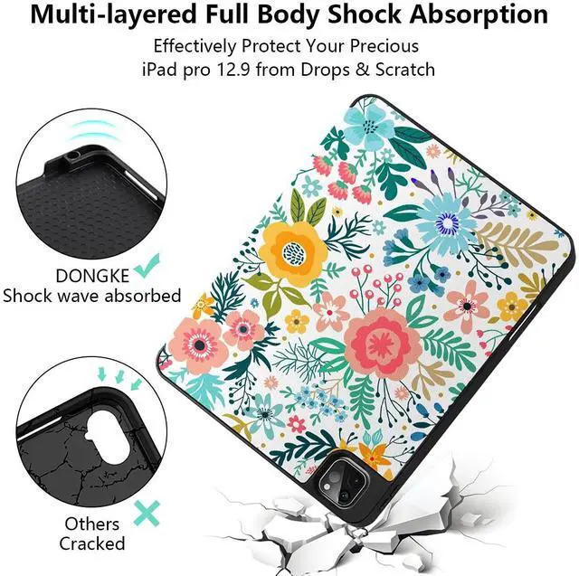 Alt view image 5 of 5 - DONGKE Case for iPad Pro 12.9 inch 6th Generation 2022, Built-in Pencil Holder + Trifold Stand + Auto Wake/Sleep + Protective Cover for iPad Pro 12.9 5th/4th/3rd Gen - Flower