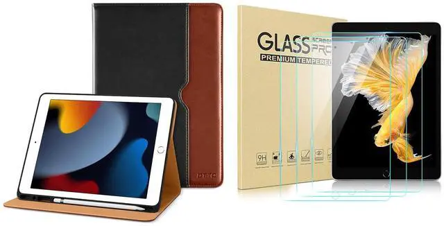 Main image of DTTO for iPad 9th/8th/7th Generation 10.2 Inch Case 2021/2020/2019, Premium Leather Business Folio Stand Cover with 3 Pack HD Clear Tempered Glass Screen Protector, Black Brown
