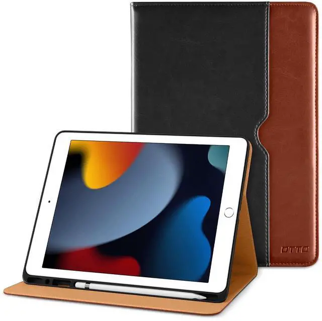 Alt view image 2 of 5 - DTTO for iPad 9th/8th/7th Generation 10.2 Inch Case 2021/2020/2019, Premium Leather Business Folio Stand Cover with 3 Pack HD Clear Tempered Glass Screen Protector, Black Brown