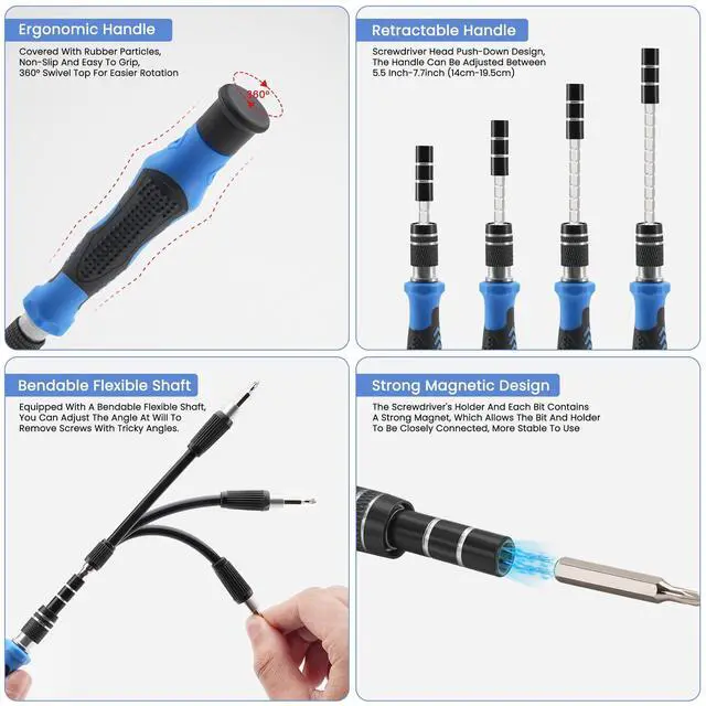 Alt view image 3 of 5 - Precision Screwdriver Set, 168 Pcs Small Screwdriver Set with Ergonomic & Retractable Handle, Flexible Shaft, Strong Magnetic Design for iPhone, MacBook, Laptop, PC, Game Console