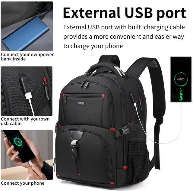 Alt view image 2 of 5 - DUSLANG 50L Travel Laptop Backpack with Red Lock for Men Women, Extra Large Heavy Duty Big Carry on Backpack for Weekend Airline Approved Fits 17 Inch Computer, Black