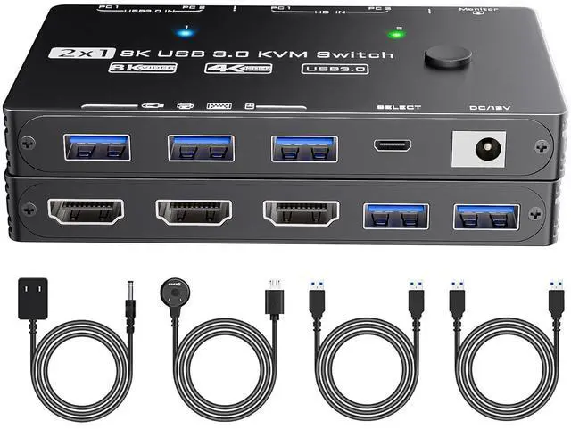 Main image of 8K KVM Switch 1 Monitor 2 Computers 2 Port HDMI 2.1 USB 3.0 KVM Switches 2 in 1 Out Video Keyboard Mouse Switch Support 8K@60Hz/4K@120Hz with Wired Remote