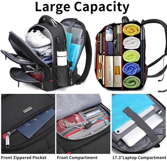 Alt view image 5 of 5 - DUSLANG 50L Travel Laptop Backpack with Red Lock for Men Women, Extra Large Heavy Duty Big Carry on Backpack for Weekend Airline Approved Fits 17 Inch Computer, Black