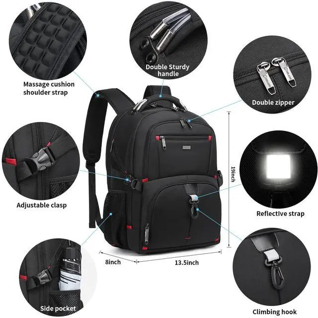 Alt view image 3 of 5 - DUSLANG 50L Travel Laptop Backpack with Red Lock for Men Women, Extra Large Heavy Duty Big Carry on Backpack for Weekend Airline Approved Fits 17 Inch Computer, Black
