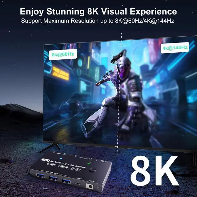 Alt view image 3 of 5 - 8K KVM Switch 1 Monitor 2 Computers 2 Port HDMI 2.1 USB 3.0 KVM Switches 2 in 1 Out Video Keyboard Mouse Switch Support 8K@60Hz/4K@120Hz with Wired Remote