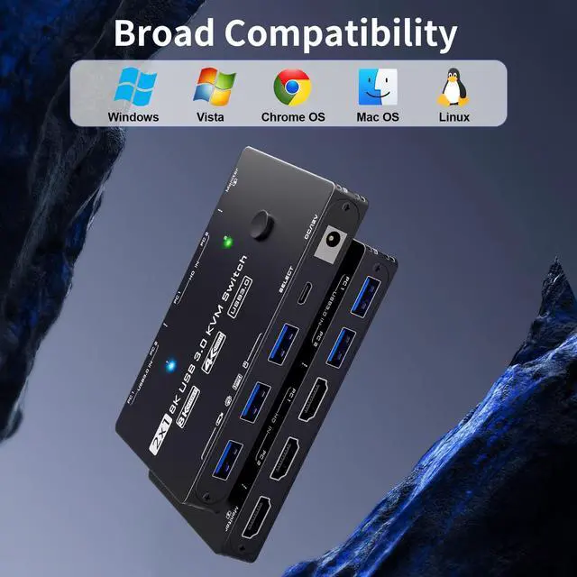 Alt view image 5 of 5 - 8K KVM Switch 1 Monitor 2 Computers 2 Port HDMI 2.1 USB 3.0 KVM Switches 2 in 1 Out Video Keyboard Mouse Switch Support 8K@60Hz/4K@120Hz with Wired Remote