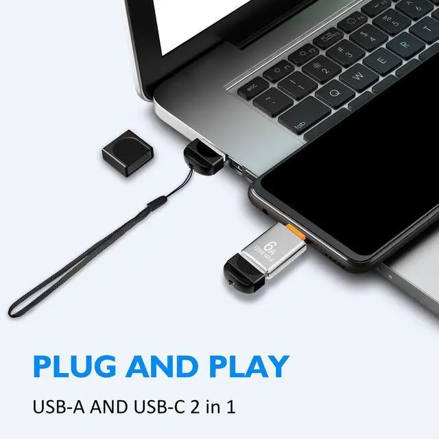 Alt view image 2 of 5 - EASTBULL 64GB Small Flash Drives 5 Pack USB2.0 Mini USB Drive with a USB-C Adapter, FAT32 Mini Thumb Drive 64 GB 5 Pack for Data Storage (Black, 1 Adapter, Lanyards)