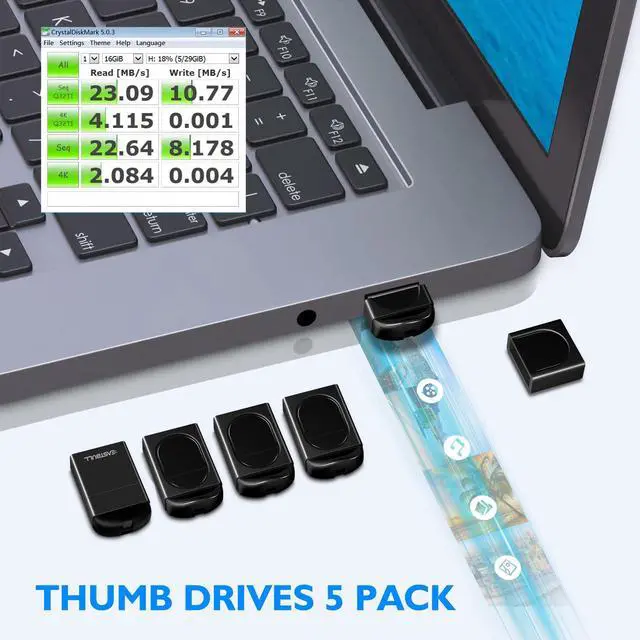 Alt view image 5 of 5 - EASTBULL 64GB Small Flash Drives 5 Pack USB2.0 Mini USB Drive with a USB-C Adapter, FAT32 Mini Thumb Drive 64 GB 5 Pack for Data Storage (Black, 1 Adapter, Lanyards)