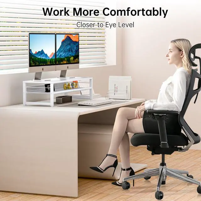 Alt view image 3 of 5 - ECOLOVI Desk Organizers and Accessories, Dual Monitor Stand Riser for Desk Organizer, Computer Stand Desk Accessories Workspace Desktop Organizer for Laptop, PC, Computer, White