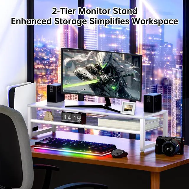 Alt view image 5 of 5 - ECOLOVI Desk Organizers and Accessories, Dual Monitor Stand Riser for Desk Organizer, Computer Stand Desk Accessories Workspace Desktop Organizer for Laptop, PC, Computer, White