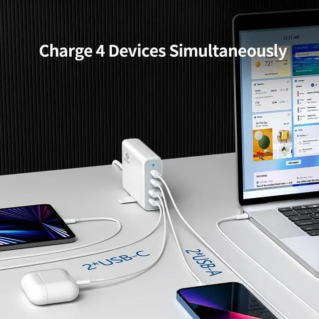 Alt view image 4 of 5 - 4-Port USB Charger, EGOWAY 90W Wall Charger, 60W & 18W Dual USB C and Dual USB A Ports 12W, Multi for MacBook, iPhone 15 14 13 Pro Max, Galaxy, Laptop Tablet iPad (White)