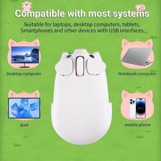 Alt view image 3 of 5 - elec Space Cute Pig Design Wireless Mouse Dual Mode Bluetooth & USB Mouse, Silent Operation, Ergonomic, Perfect for Laptops & PCs, Ideal Gift for Animal Lovers and Kids (White)