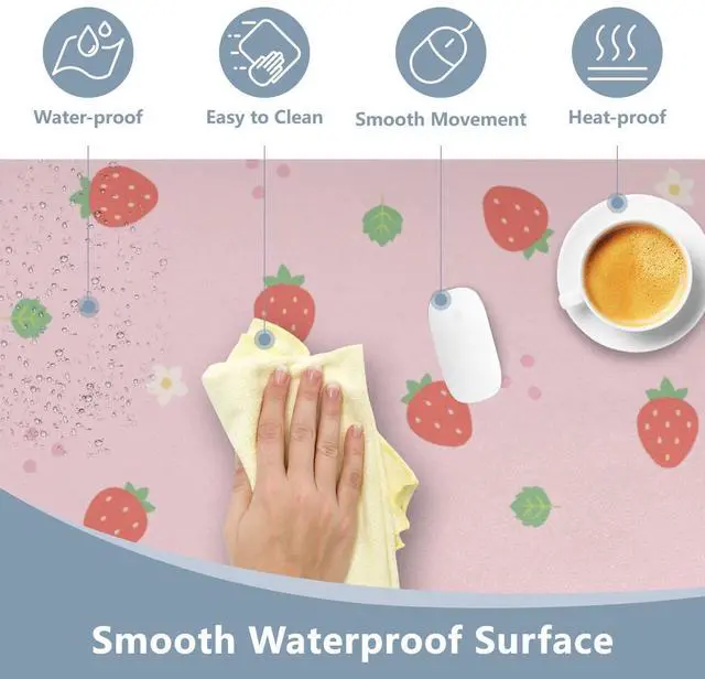 Alt view image 5 of 5 - Mouse Pad Desk Mat Leather Desk Pad Large Gaming Desk Cover Protector Mat for Keyboard Computer Laptop Office Waterproof 35.4 x 16.5 Inch Cute Strawberry