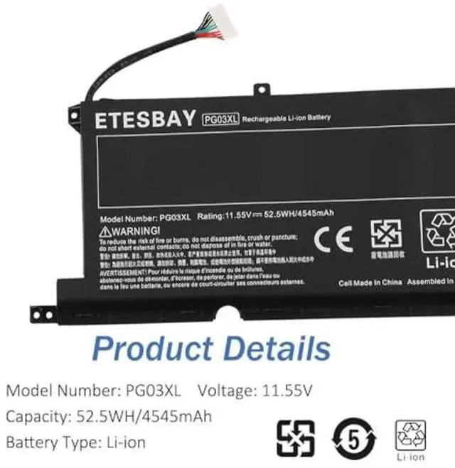 Alt view image 4 of 5 - ETESBAY PG03XL HSTNN-DB9G Laptop Battery Compatible with HP Pavilion Gaming 15-DK 15-dk0000 15-DK0125TX OMEN 5X FPC52 Series HSTNN-OB1I L48430-AC1 L48495-005 L48430-2C1 11.55V