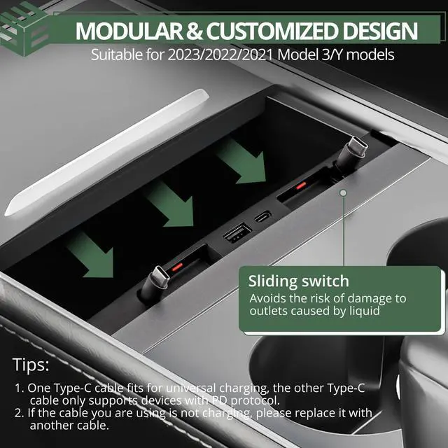 Alt view image 2 of 5 - EYPINS USB Hub Suitable for Tesla,Retractable Hub Docking Station Compatible with Tesla Model 3/Y,Fast Charge Cable Adapter,2pcs Type-C Retractable Cables,Center Console USB Hub Interior