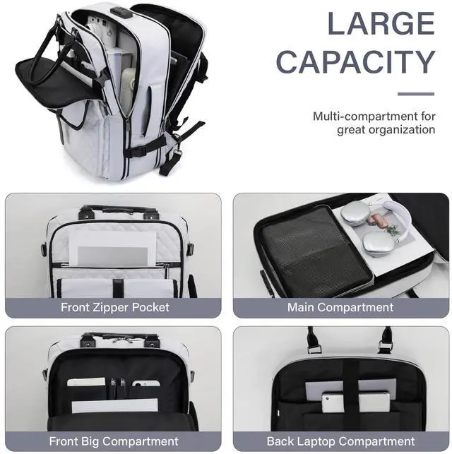 Alt view image 2 of 5 - FABIEN CHERON Travel Backpack for Women, 50L Carry On with USB Charging Port, Anti Theft, 17.3 Inch Laptop Compatible, White, Large