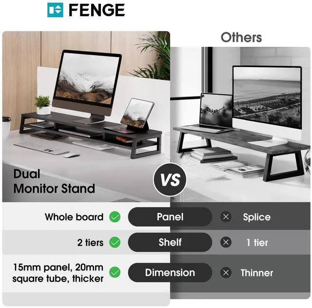 Alt view image 5 of 5 - Fenge Dual Monitor Stand for Desk, 42.5in Large Monitor Riser for 2 Monitors, 2 Tier Computer Office Desk Top Shelf, Desktop Storage Stand for Laptop, PC, Computer, Printer