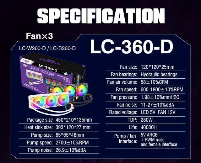 Alt view image 3 of 5 - Liquid Cooled Water Cooled ARGB LC-360 Black-360mm Radiator, RGB & PWM Addressable Fans & Pump AIO Intel AMD CPU Gaming Fan (360mm)