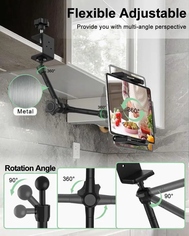 Alt view image 4 of 5 - FreeSave Cabinet Tablet Holder for Kitchen/Wardrobe, 360deg Metal Foldable Adjustable Arm Desk Tablet Mount, Clamp Stand for iPad Pro 13 Air Mini, 6.1-15.6" Devices and Thickness Cases [Up to 1.18"]