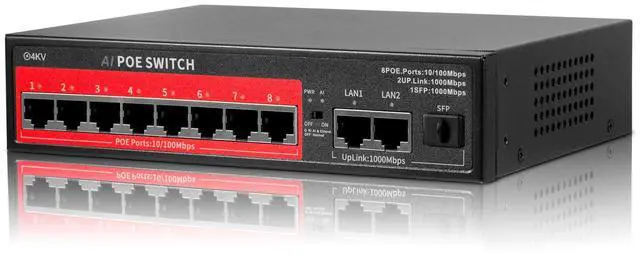 Main image of Fuers AI PoE Switch 8 POE Ports,2 Gigabit Uplinks,1*1.25G SFP Port,802.3af/at PoE+ 100Mbps, Ideal for NVR and PoE IP Cameras, Extend to 250Meter,Unmanaged Metal Plug and Play,Desktop or Wall Mount