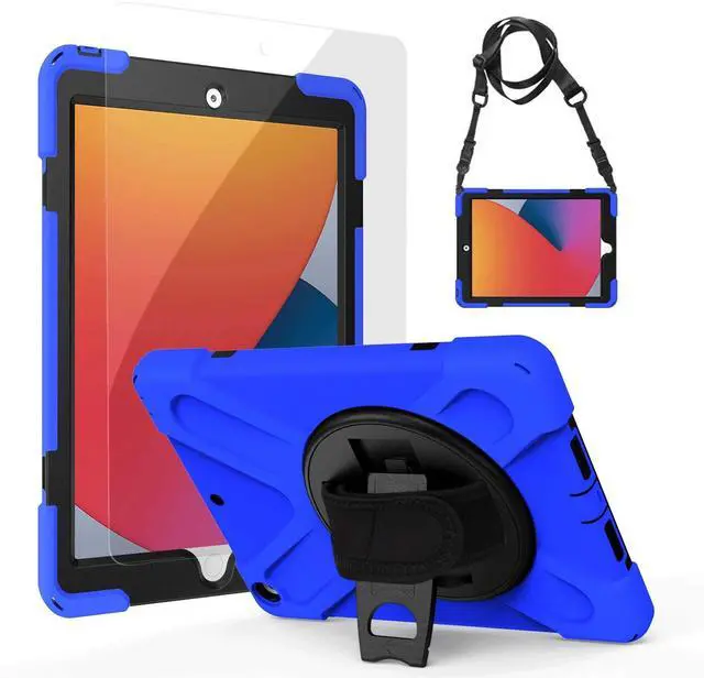 Main image of Gerutek iPad 8th/7th Gen 10.2" Case with 9H Temper Glass Screen Protector, 3 Layer Shockproof Structure ipad 8th/ 7th Generation Case for Kids with Shoulder/Hand Strap, Pen Holder, Blue