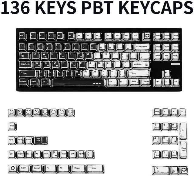 Alt view image 2 of 5 - GEKUCAP PBT Keycaps, Black and White Japanese Manga Keycaps Set, 135 Keys Cherry Profile Dye Sub Custom Keycap Minimalis Keyboard Key caps for 60%, 65%, 75%, 100% Cherry MX Mechanical Keyboard