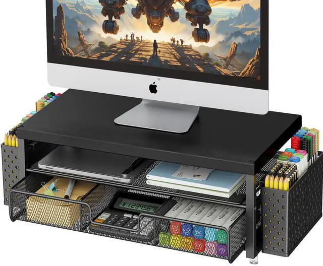 Main image of gianotter Desk Organizers and Accessories, Monitor Stand with Drawer & Pen Holder, Wooden Monitor Riser - Suitable for Office & Home (Black Wood + Metal)