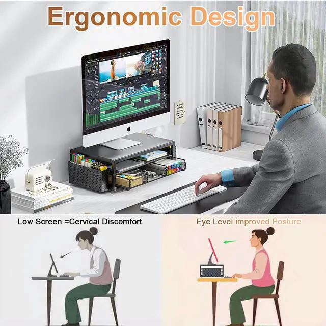 Alt view image 2 of 5 - gianotter Desk Organizers and Accessories, Monitor Stand with Drawer & Pen Holder, Wooden Monitor Riser - Suitable for Office & Home (Black Wood + Metal)