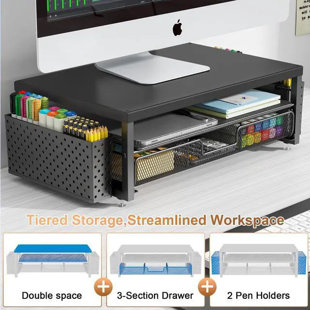 Alt view image 3 of 5 - gianotter Desk Organizers and Accessories, Monitor Stand with Drawer & Pen Holder, Wooden Monitor Riser - Suitable for Office & Home (Black Wood + Metal)