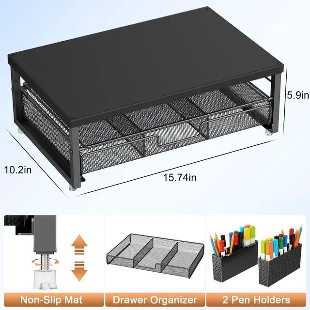 Alt view image 4 of 5 - gianotter Desk Organizers and Accessories, Monitor Stand with Drawer & Pen Holder, Wooden Monitor Riser - Suitable for Office & Home (Black Wood + Metal)