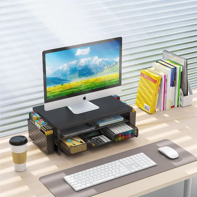 Alt view image 5 of 5 - gianotter Desk Organizers and Accessories, Monitor Stand with Drawer & Pen Holder, Wooden Monitor Riser - Suitable for Office & Home (Black Wood + Metal)