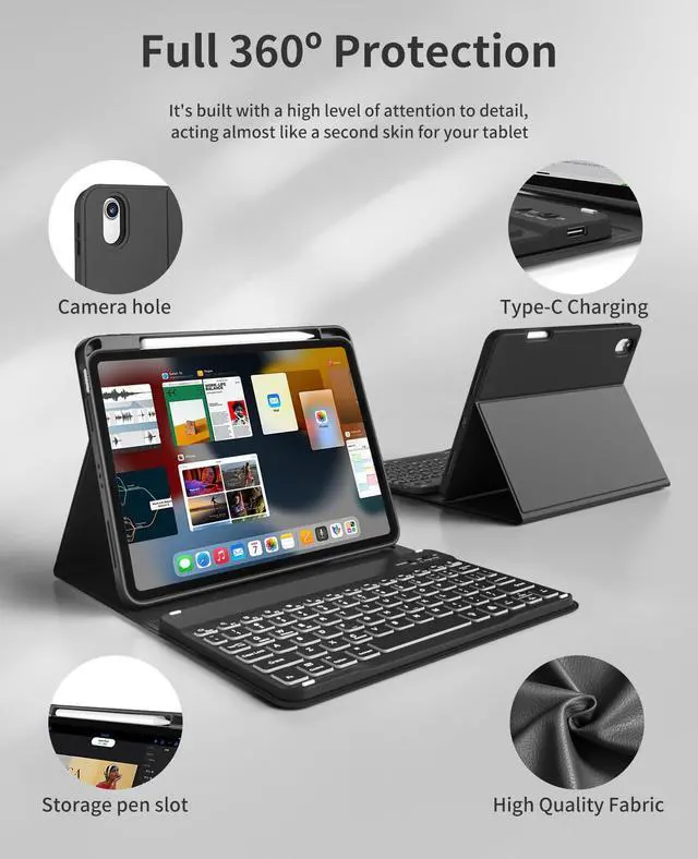 Alt view image 4 of 5 - GKABXY Keyboard Case for iPad (A16) 11th Gen 11 inch 2025 & iPad 10th Gen 10.9 inch 2022,7-Color Backlit Wireless Bluetooth Keyboard,Soft TPU Back Shell with Pencil Holder, Auto Sleep/Wake (Black)
