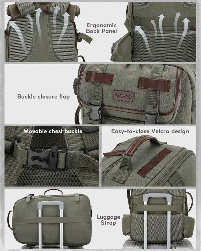 Alt view image 4 of 5 - Gonex Canvas Backpack, Vintage 3-in-1 Convertible Laptop Bag for Travel, Work & College, Large Carry-On Rucksack for Men & Women (Classical Green)