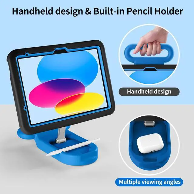 Alt view image 4 of 5 - Kids Case for iPad (A16) 11th/10th Generation 11''/10.9'' 2025/2022,Child Friendly Case with Adjustable Stand,Fully-Body Shockproof Protective Cover for iPad Air 11 (M3/M2) 2025/2024.(Black-Blue)