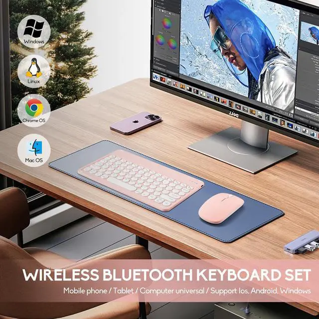 Alt view image 2 of 5 - 2 Pack Ultra-Slim Bluetooth Keyboard and Mouse Portable Mini Wireless Keyboard Rechargeable for Apple iPad iPhone Samsung Tablet iPhone Smartphone iOS Android Windows, Round Keys Pink